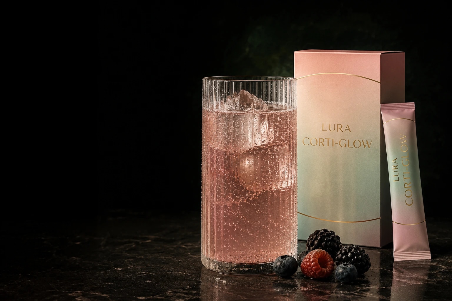 Чаша с бледорозова напитка Corti-Glow, кутия и саше на тъмна кинематографична сцена