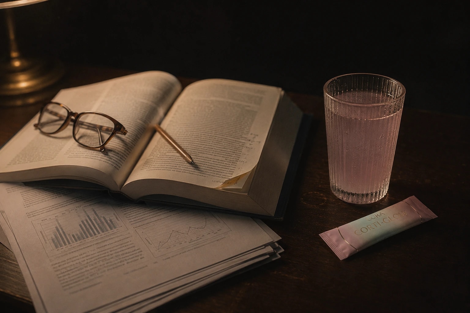 Отворена научна книга и разпечатки на тъмно бюро под топла лампа, чаша Corti-Glow встрани