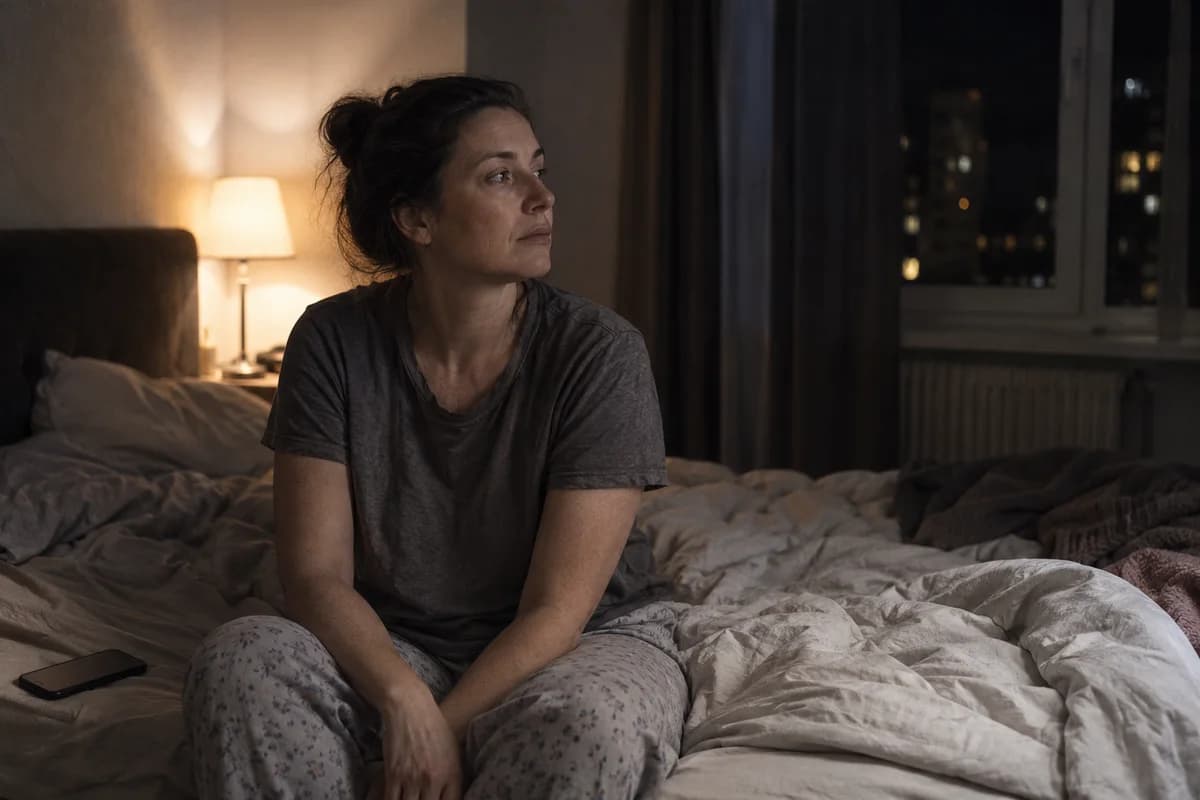 A woman sitting on the edge of the bed late at night, the lamp on, her phone face down beside her.