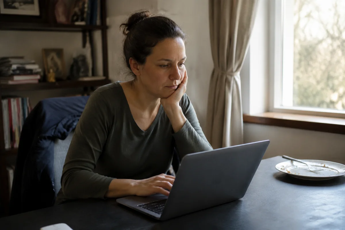 A woman at a desk in the late afternoon, chin in her hand, the lunch plate pushed to the side.