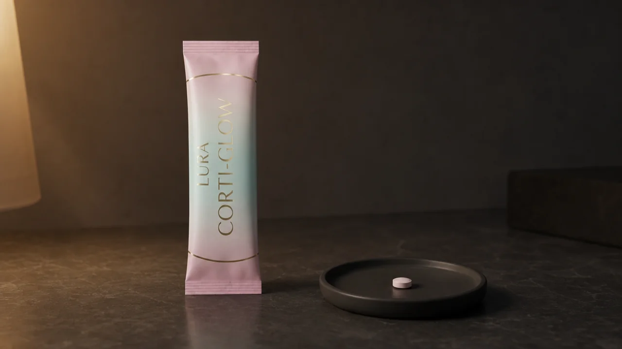 Чаша с бледорозова напитка Corti-Glow до блистер мелатонинови таблетки на нощно шкафче