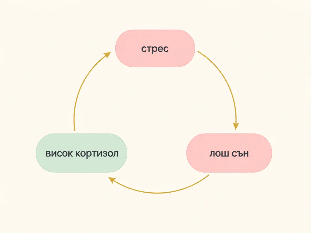 Инфографика на порочния кръг на кортизола, висок кортизол вечер, нарушен сън и още по-висок кортизол сутрин
