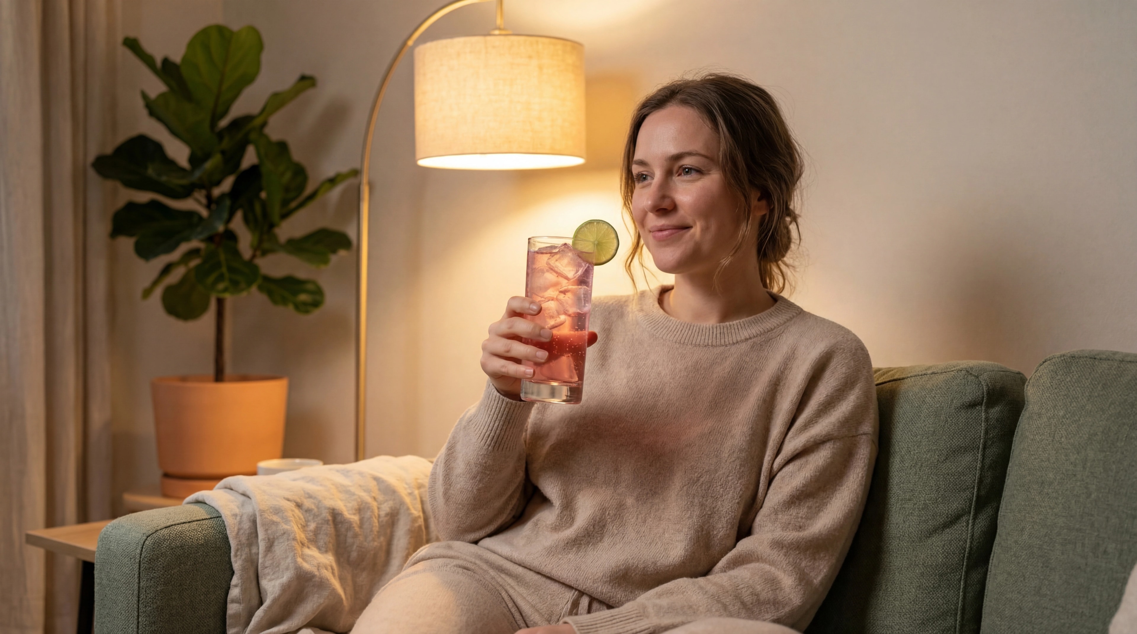 Жена с розова напитка Corti-Glow на дивана вечерта