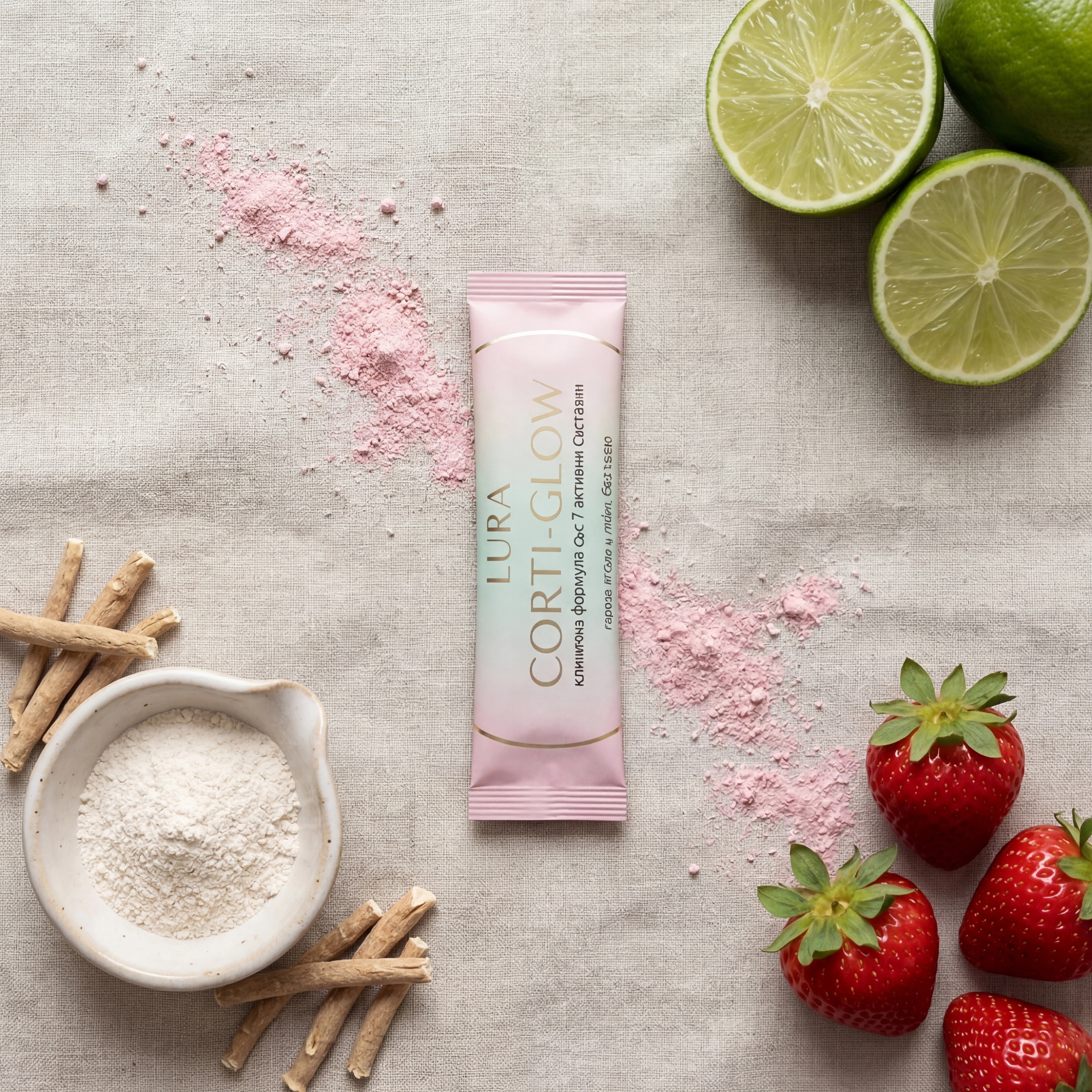 Corti-Glow съставки — ашваганда, магнезий, ягода, лайм
