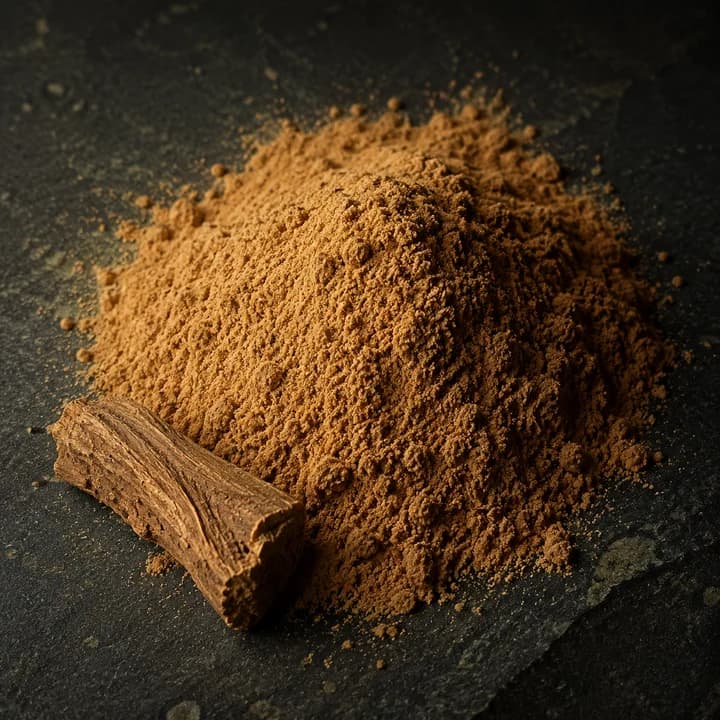 A heap of tan powder with a piece of dried root beside it