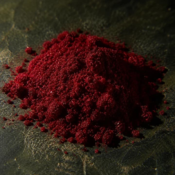 A heap of deep red crystalline powder on dark stone