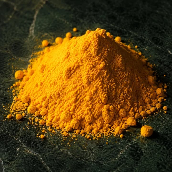 A heap of vivid yellow crystalline powder on dark stone