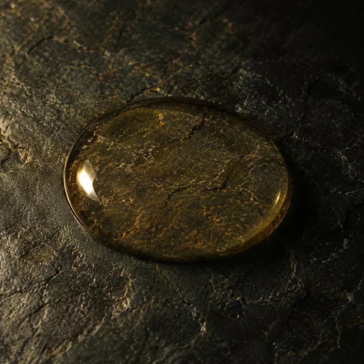 A bead of pale honey-coloured oil on dark stone