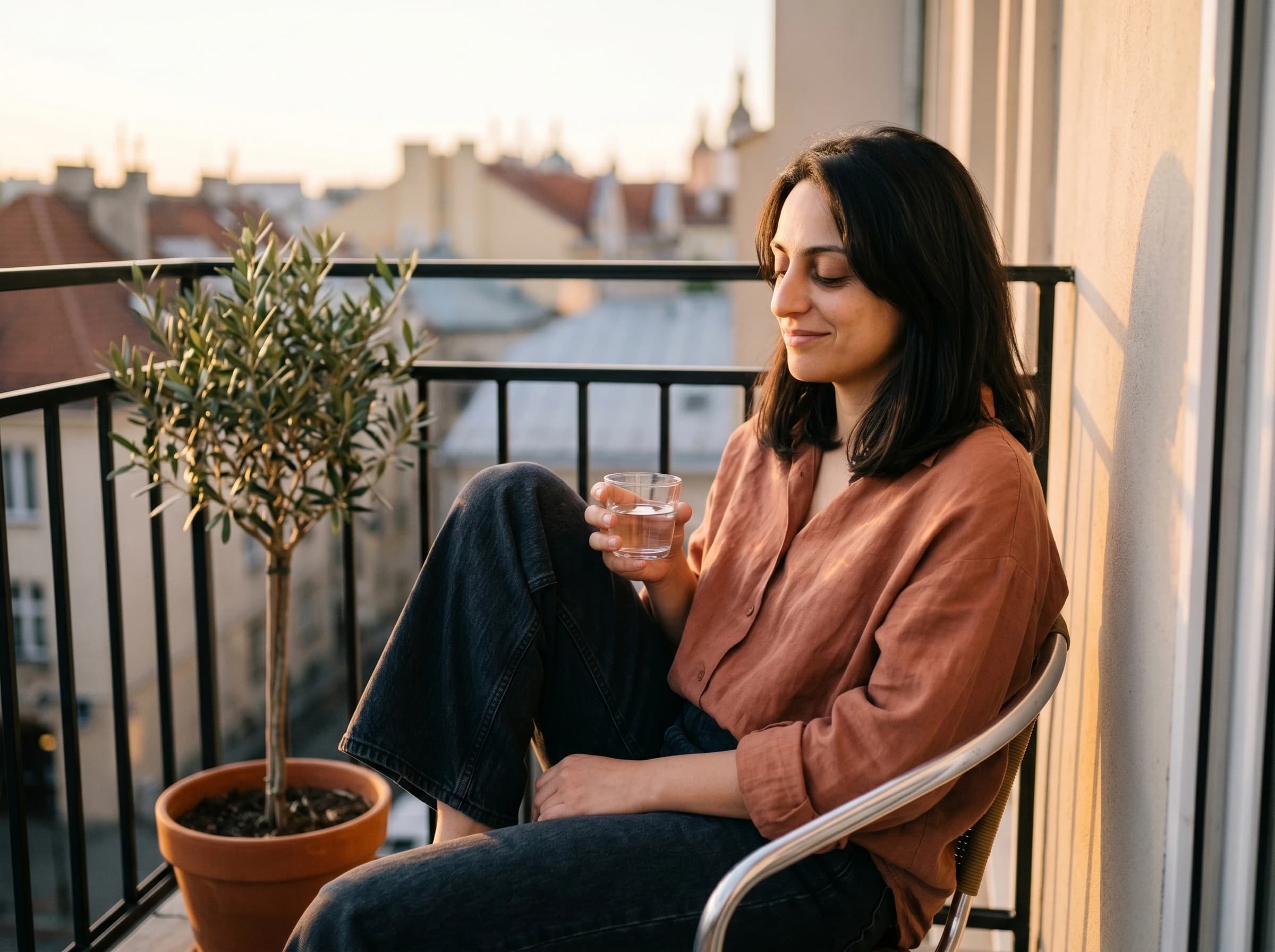 Спокойна жена на тераса при залез слънце