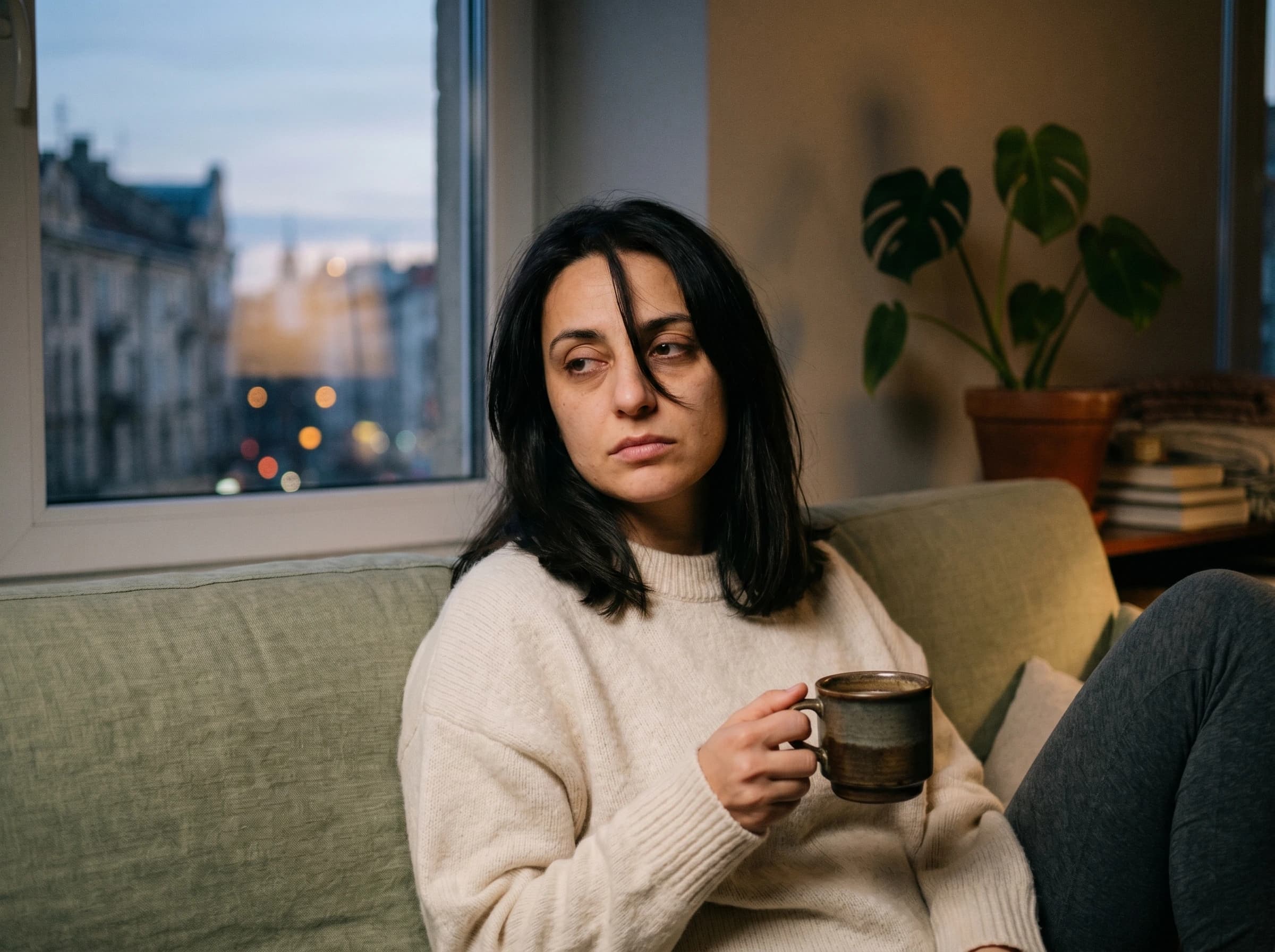 Уморена жена седнала на дивана в петък вечер