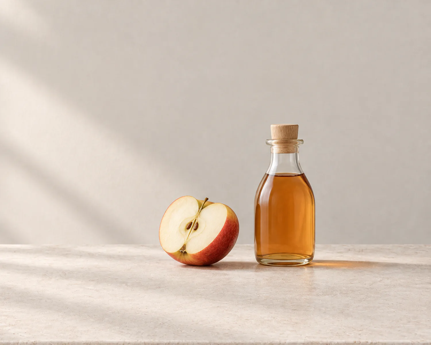 A bottle of apple cider vinegar and half an apple