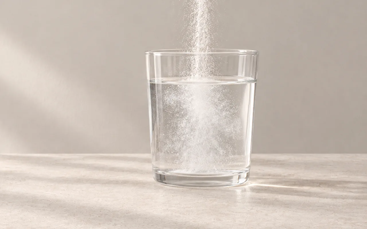 Бял прах се сипва в чаша вода