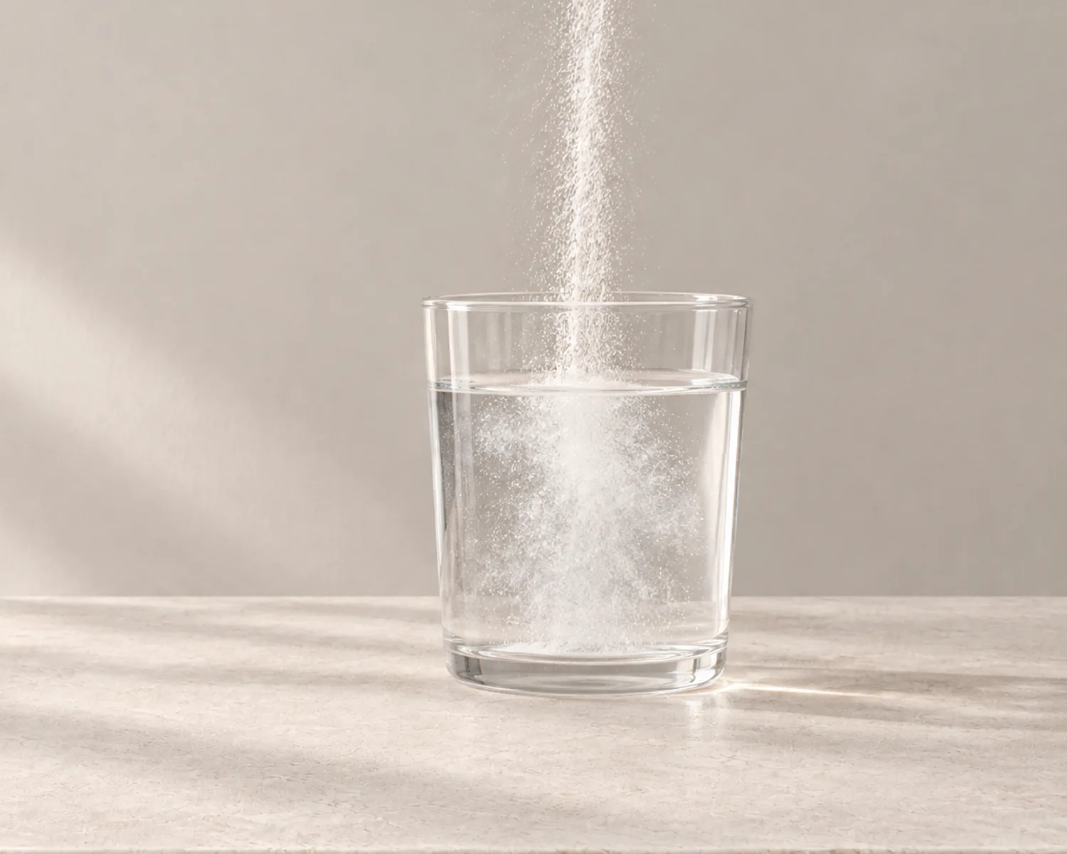 Бял прах се сипва в чаша вода