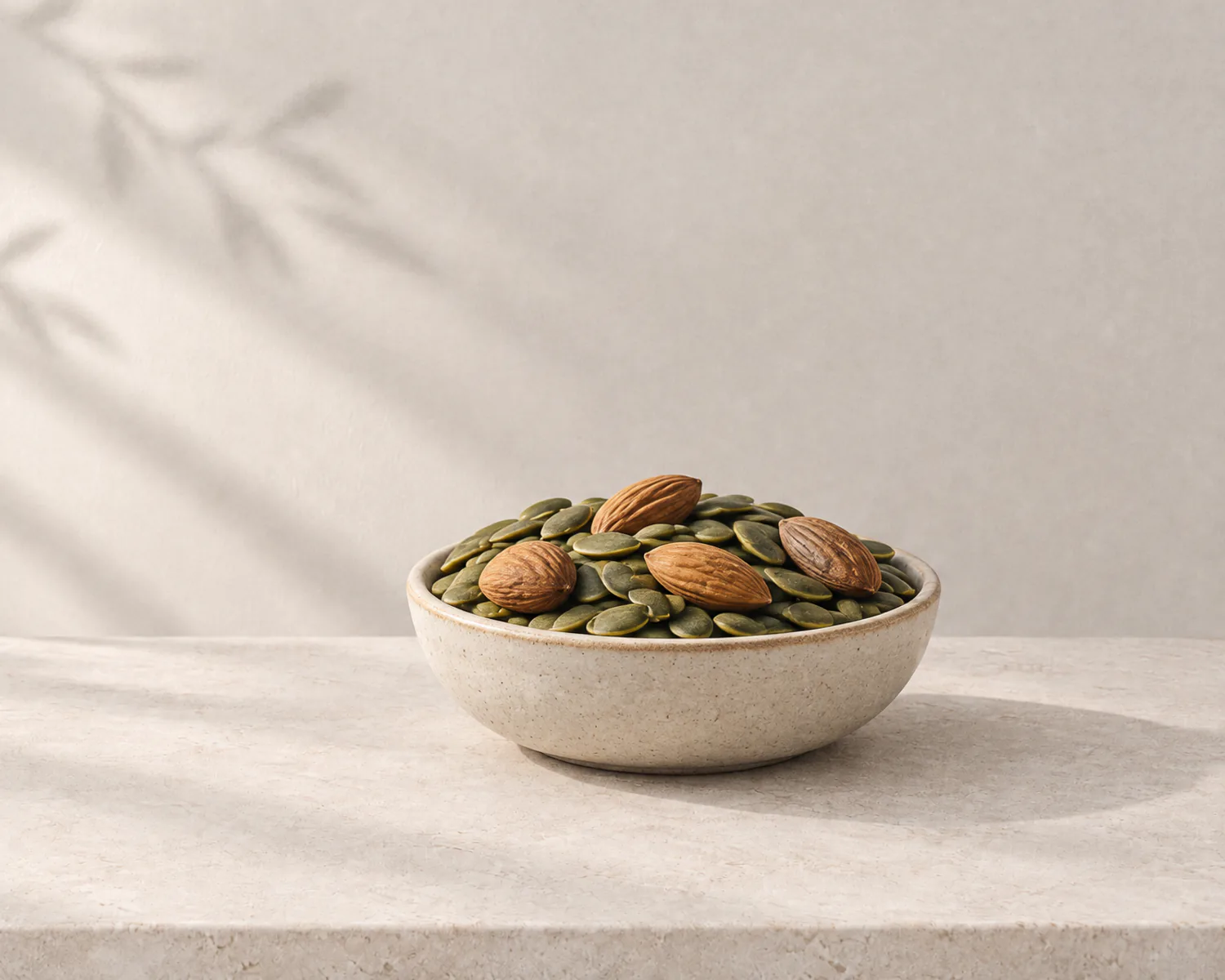 Pumpkin seeds and almonds in a stoneware bowl