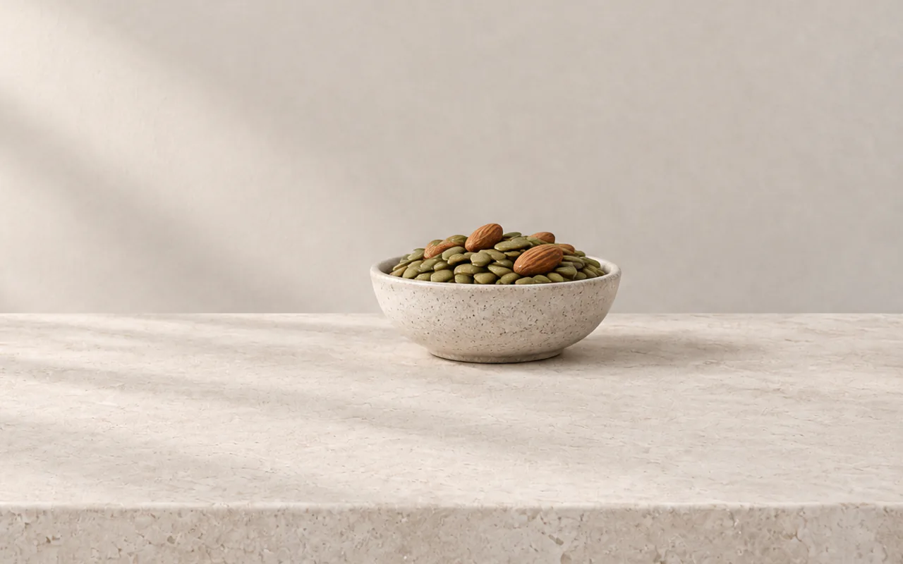 Pumpkin seeds and almonds in a stoneware bowl