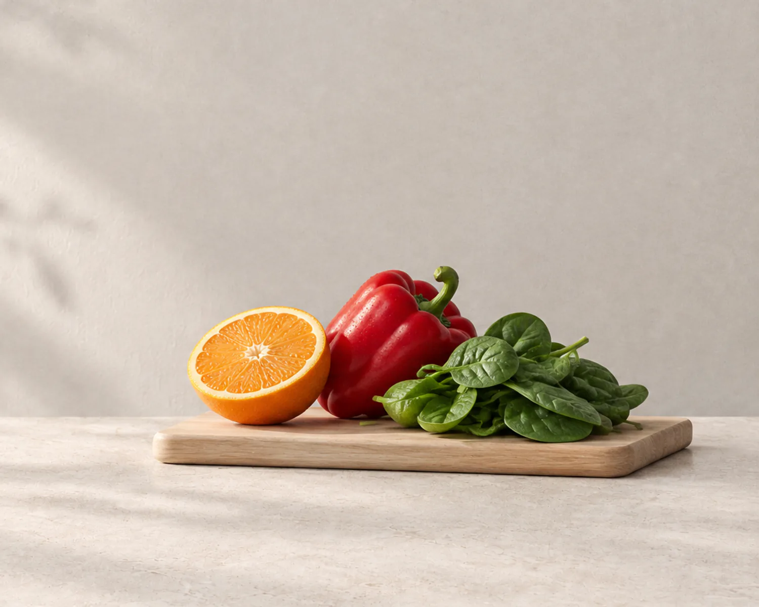Half an orange, a red pepper and spinach on a board