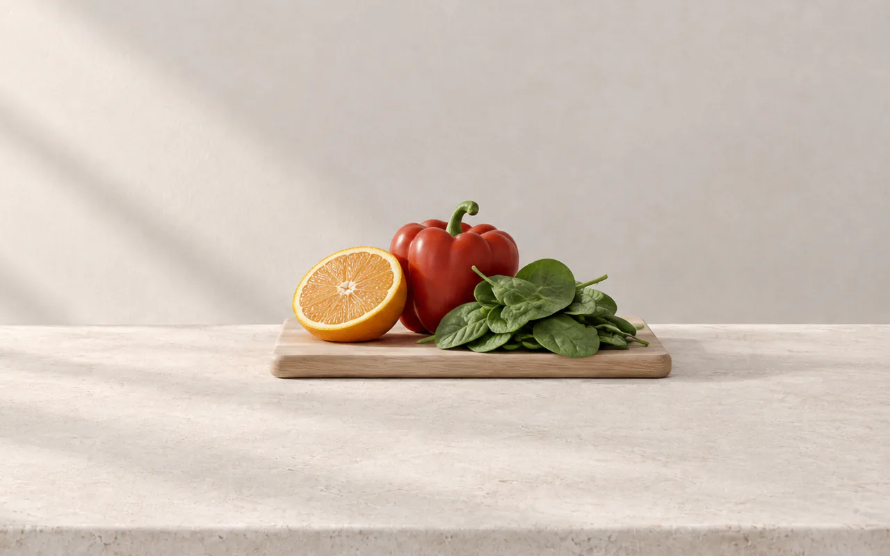 Half an orange, a red pepper and spinach on a board